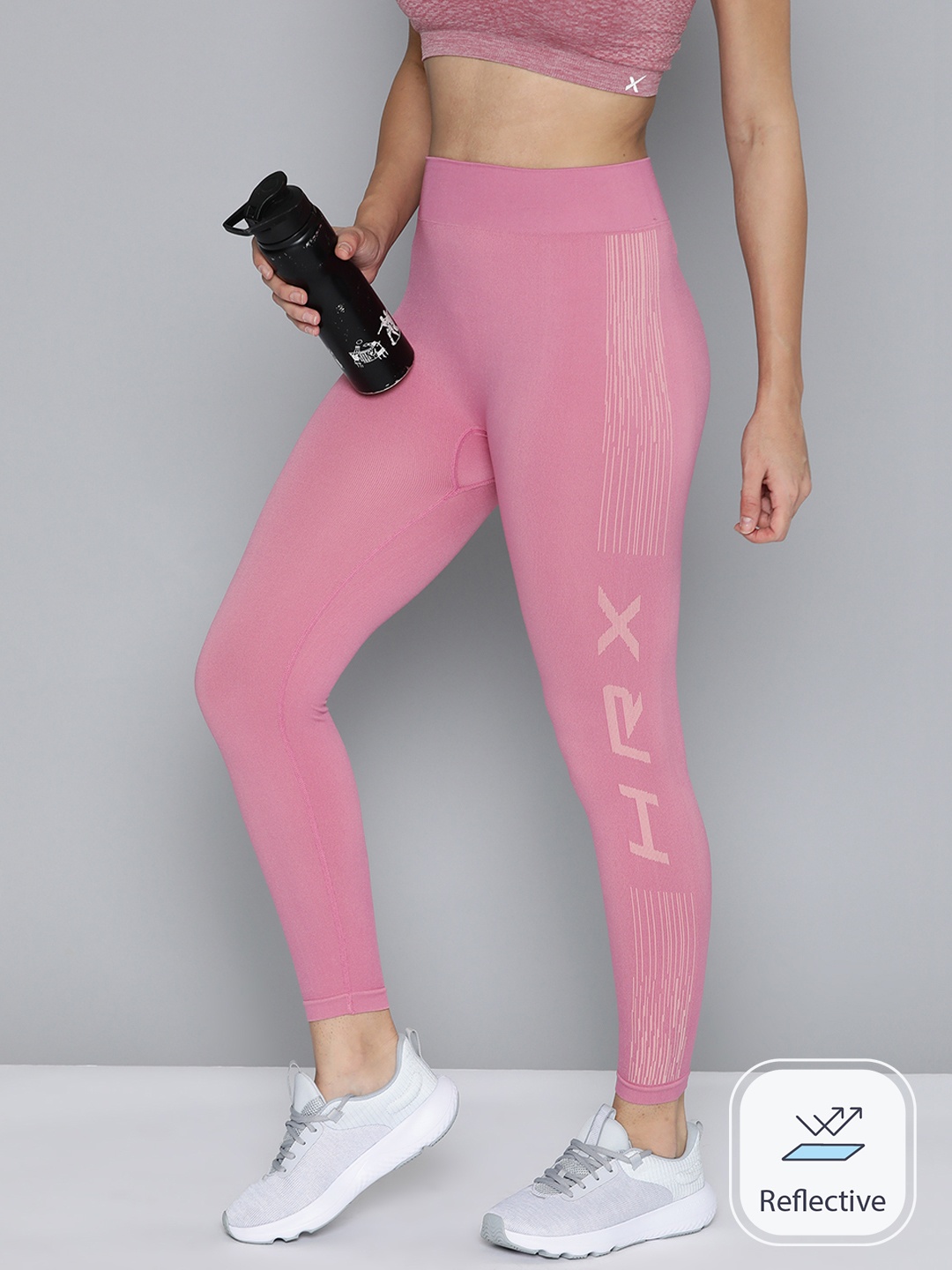 

HRX By Hrithik Roshan Printed Antimicrobial Seamless Reflective Running Tights, Pink