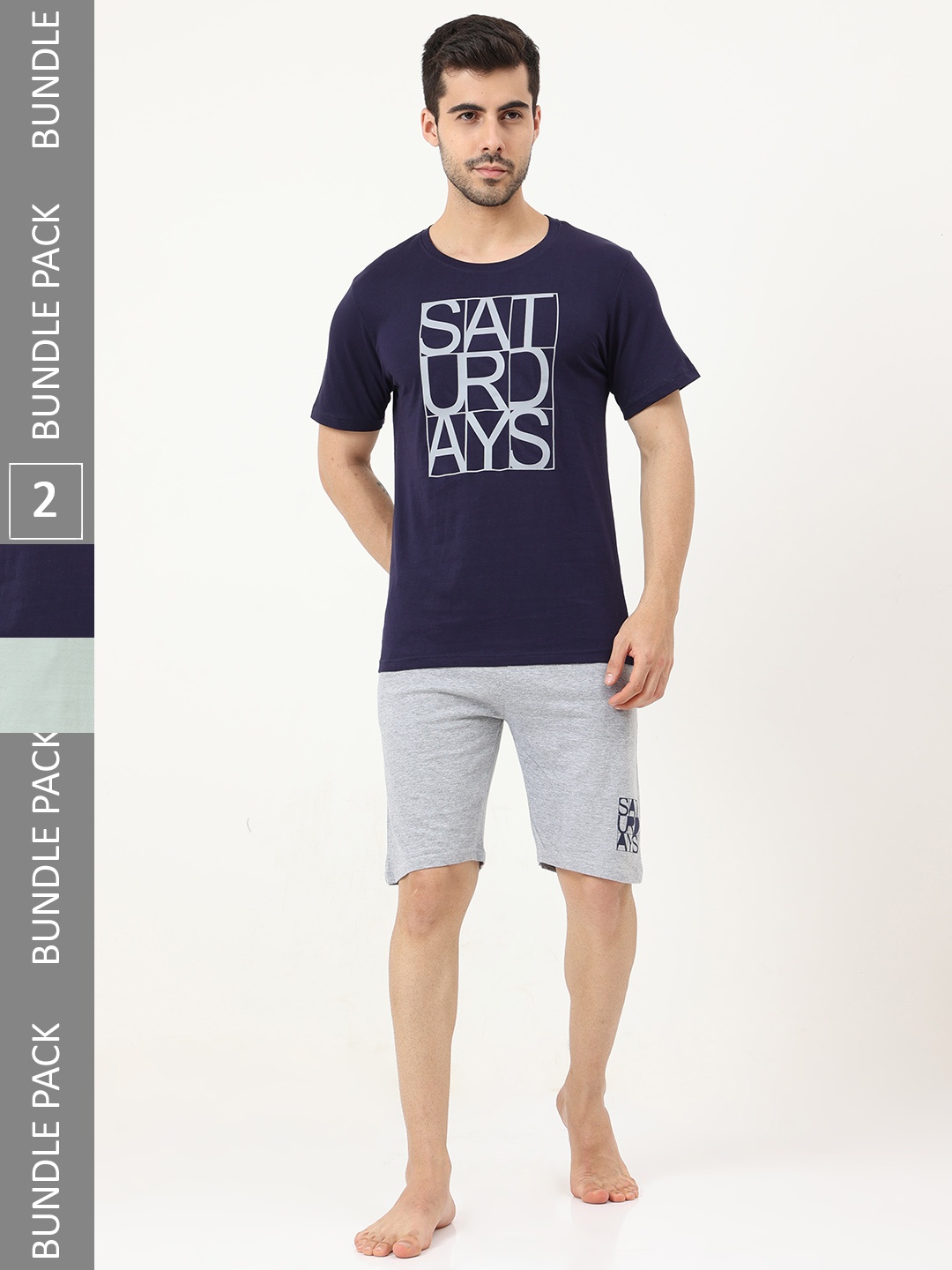 

Masculino Latino Pack Of 2 Typography Printed Pure Cotton T-Shirt With Shorts, Navy blue