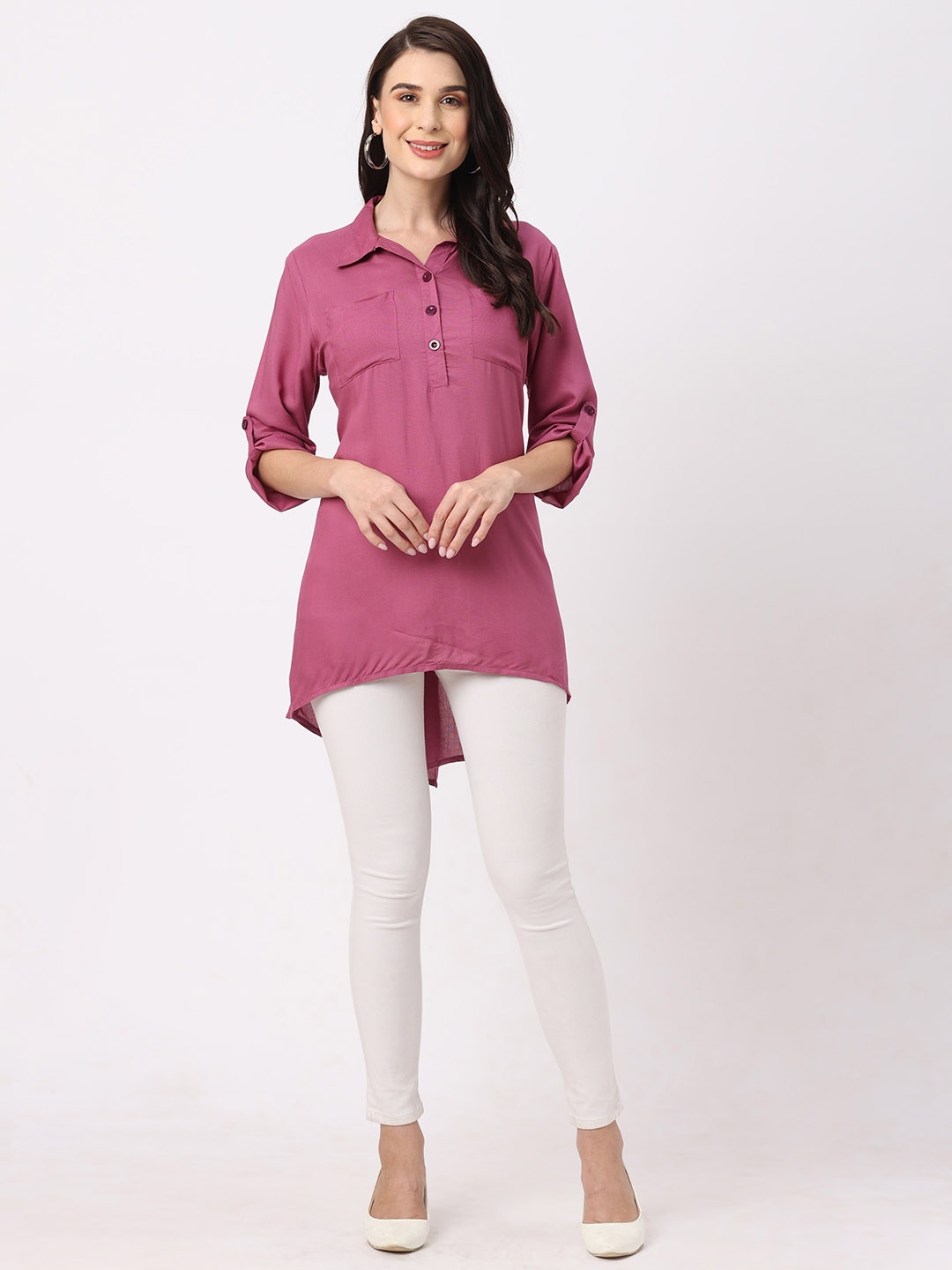 

Fusion Beats Spread Collar High-Low Longline Tunic, Purple