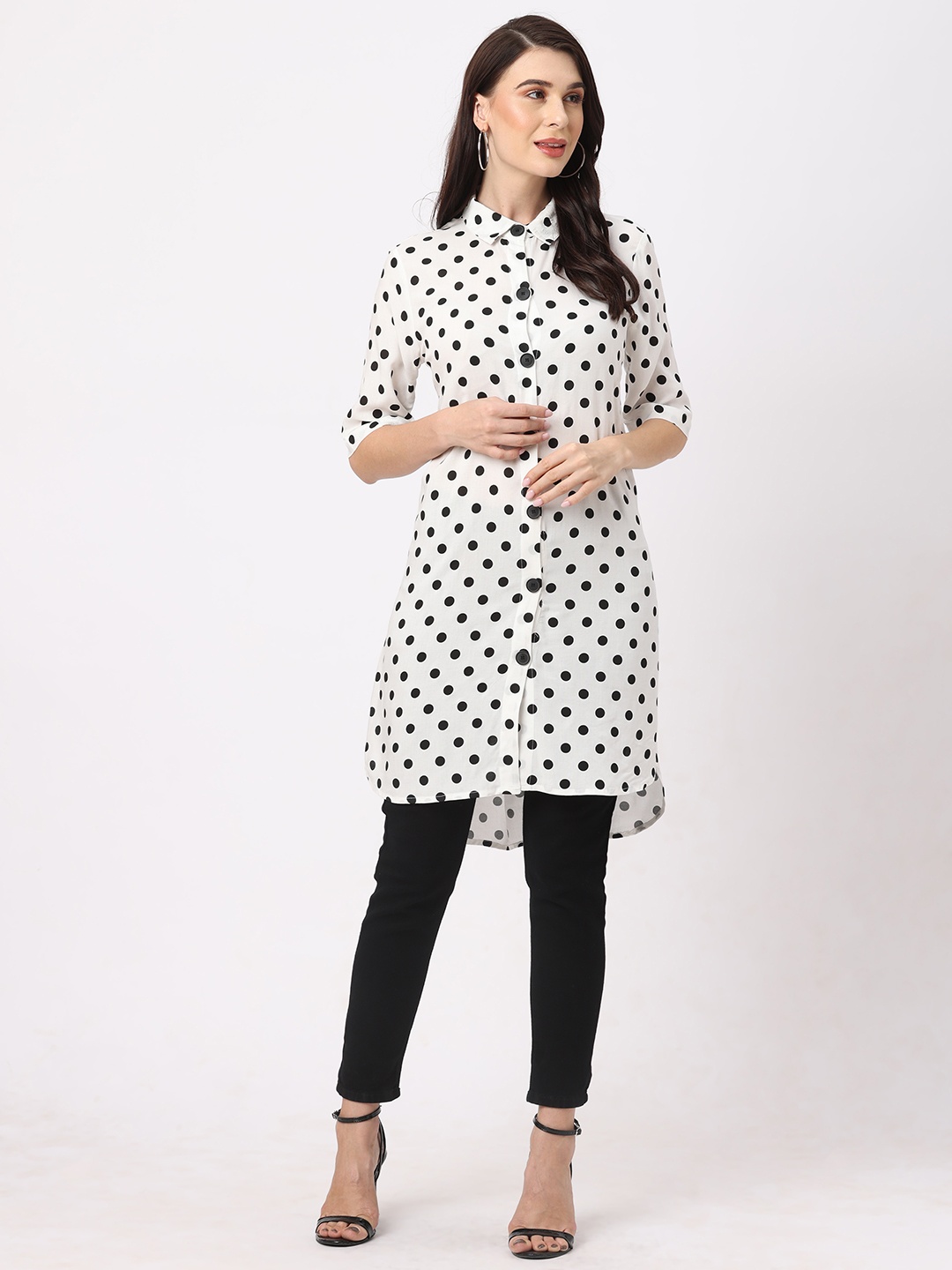

Fusion Beats Polka Dot Print Button Down Tunic, White