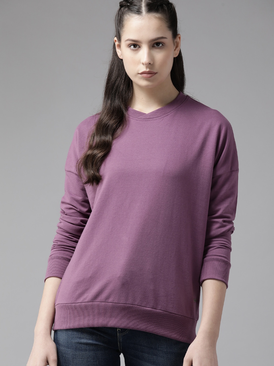 

Roadster Women Solid Longline Sweatshirt, Purple