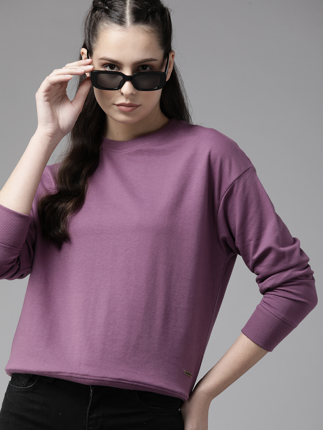 

Roadster Women Solid Longline Sweatshirt, Purple