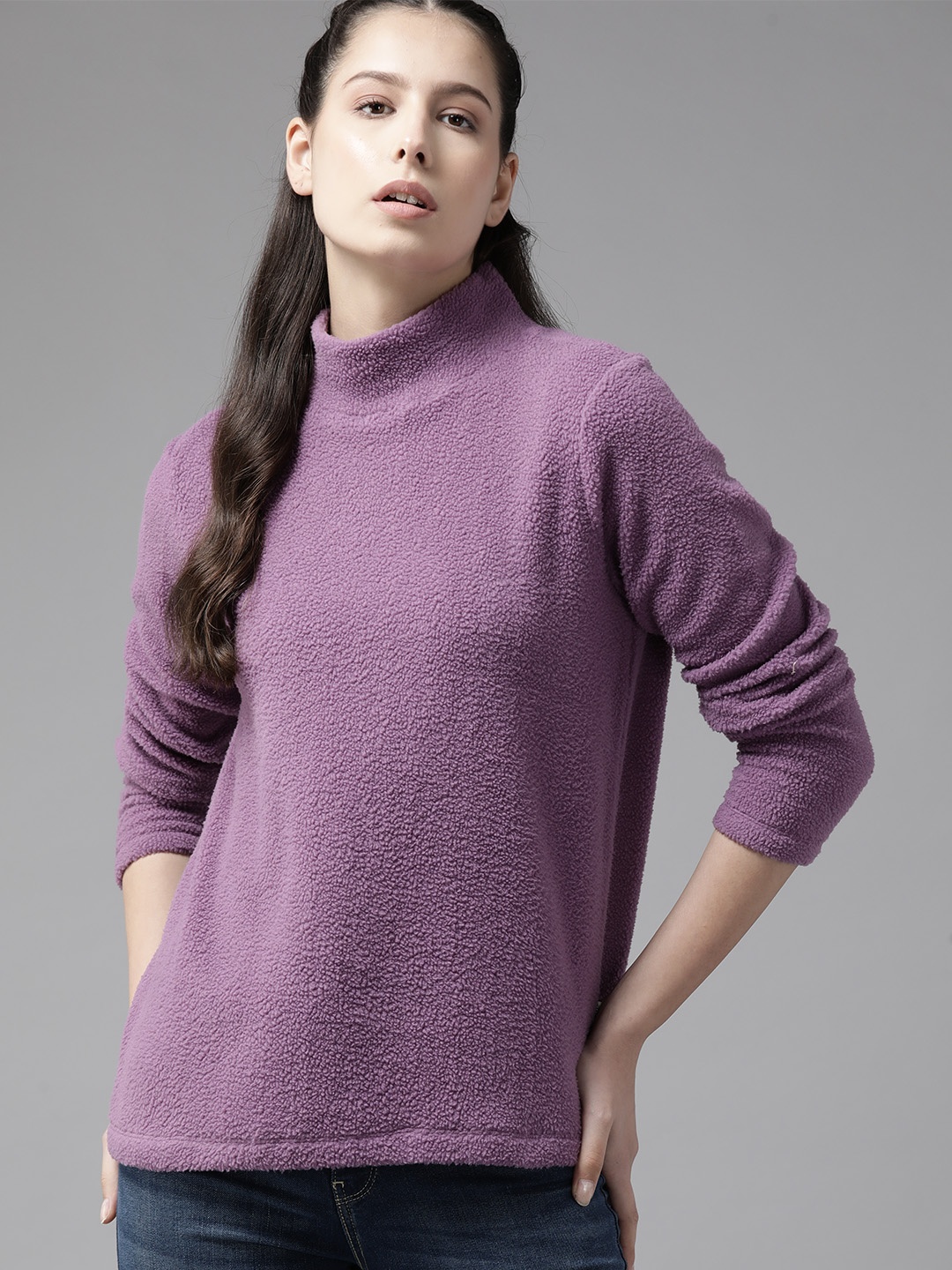 

Roadster Women Solid High Neck Longline Sweatshirt, Purple