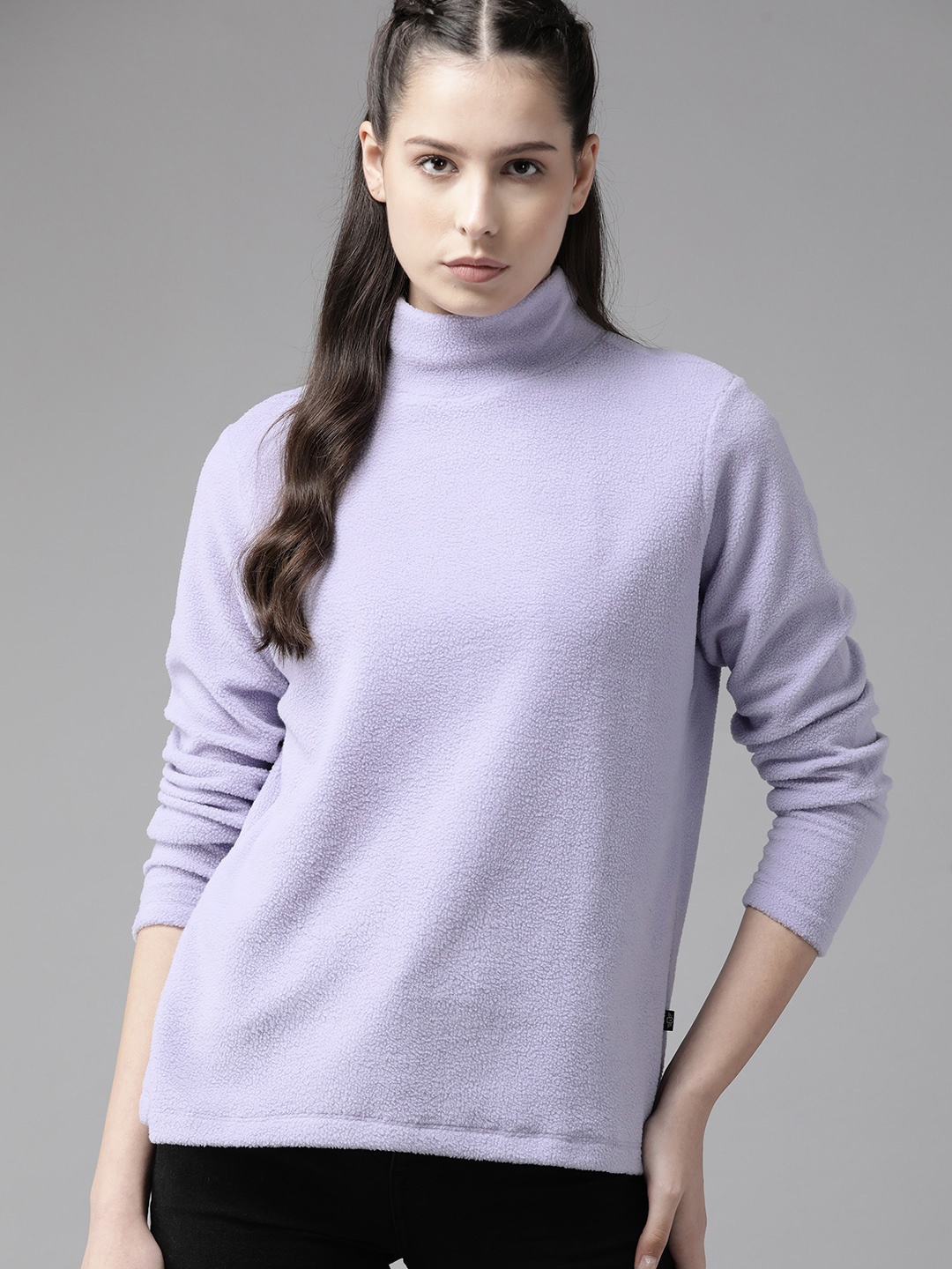 

Roadster Women Solid High Neck Longline Sweatshirt, Violet