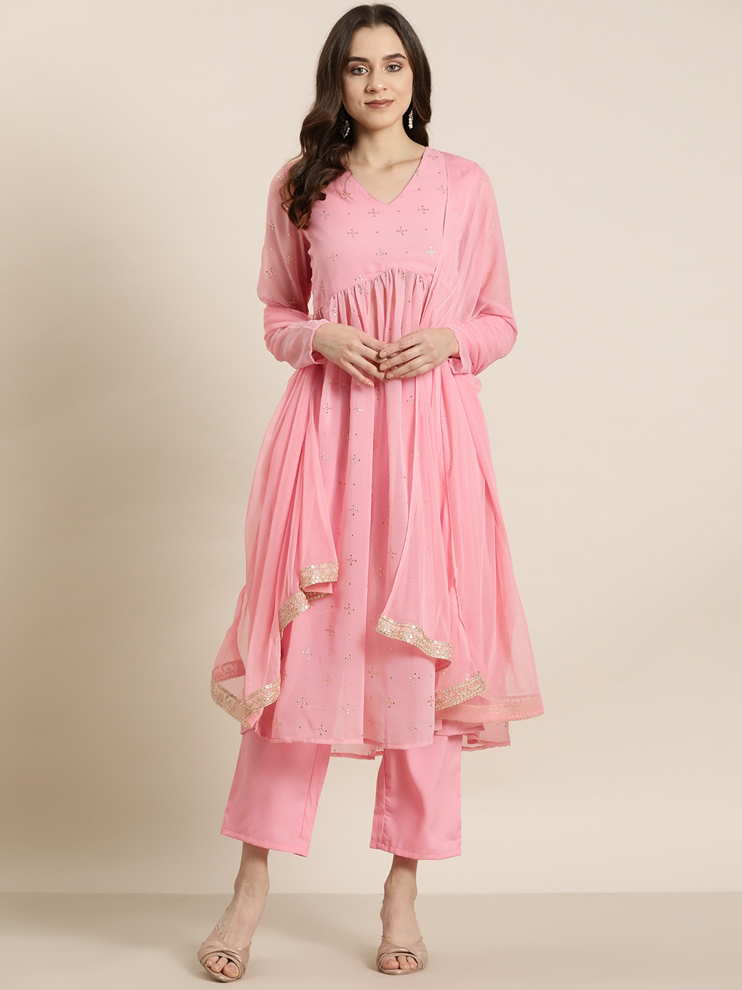 

HERE&NOW Embellished Kurta with Trousers & Dupatta, Pink