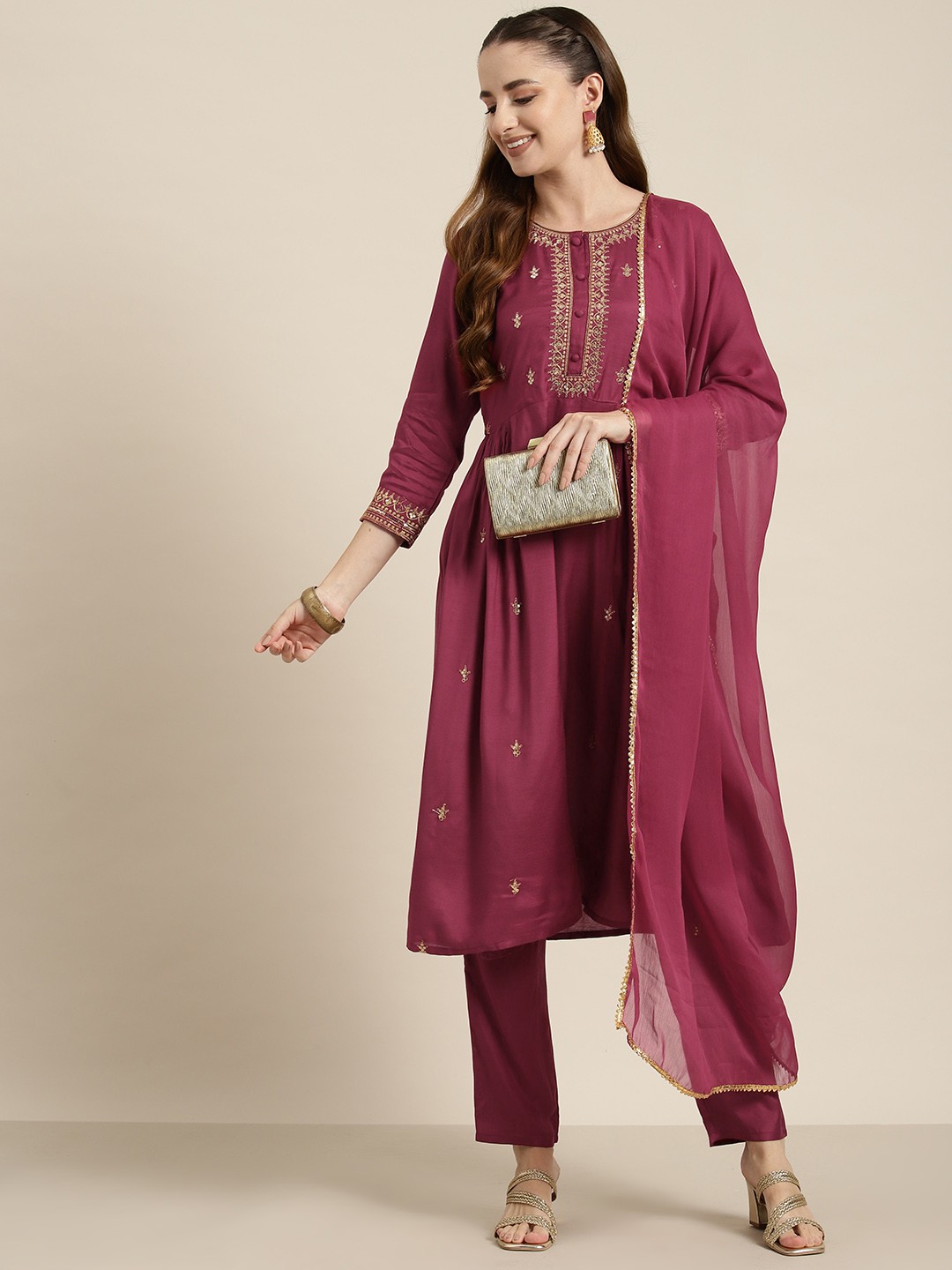 

HERE&NOW Embroidered Kurta with Trousers & Dupatta, Maroon