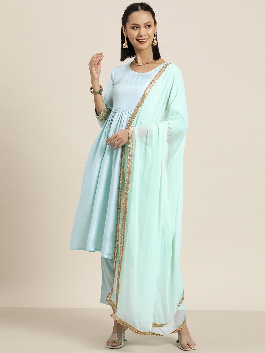 

HERE&NOW Pleated Sequinned Kurta with Trousers & Dupatta, Sea green