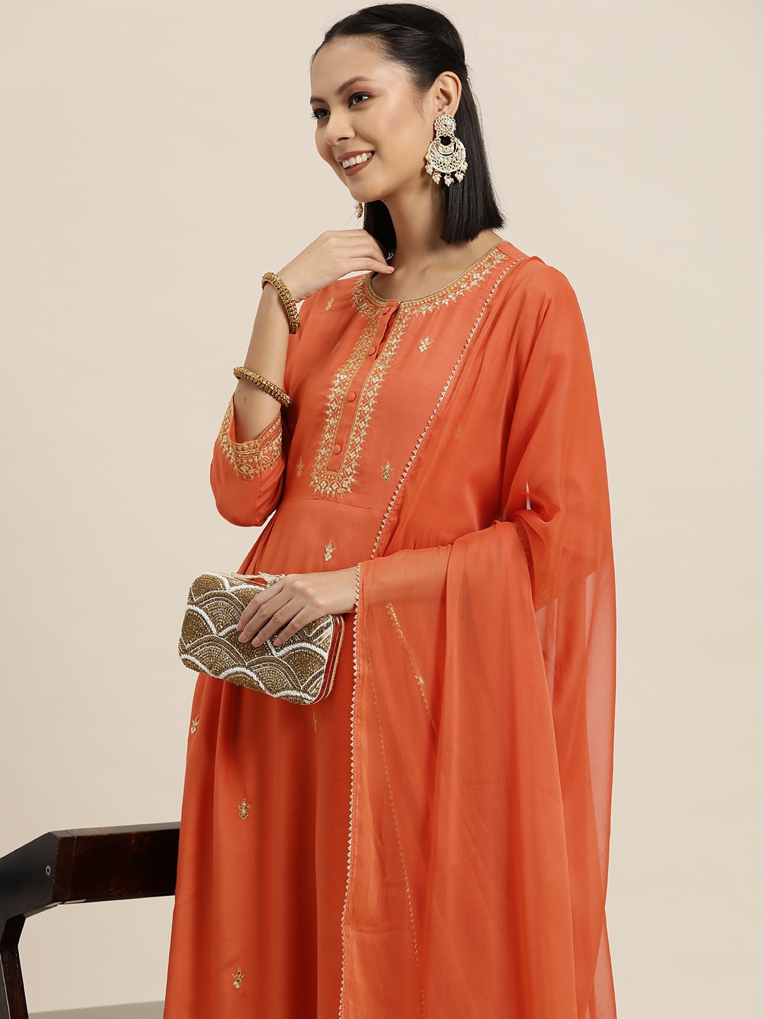 

HERE&NOW Pleated Sequinned Kurta with Trousers & Dupatta, Rust