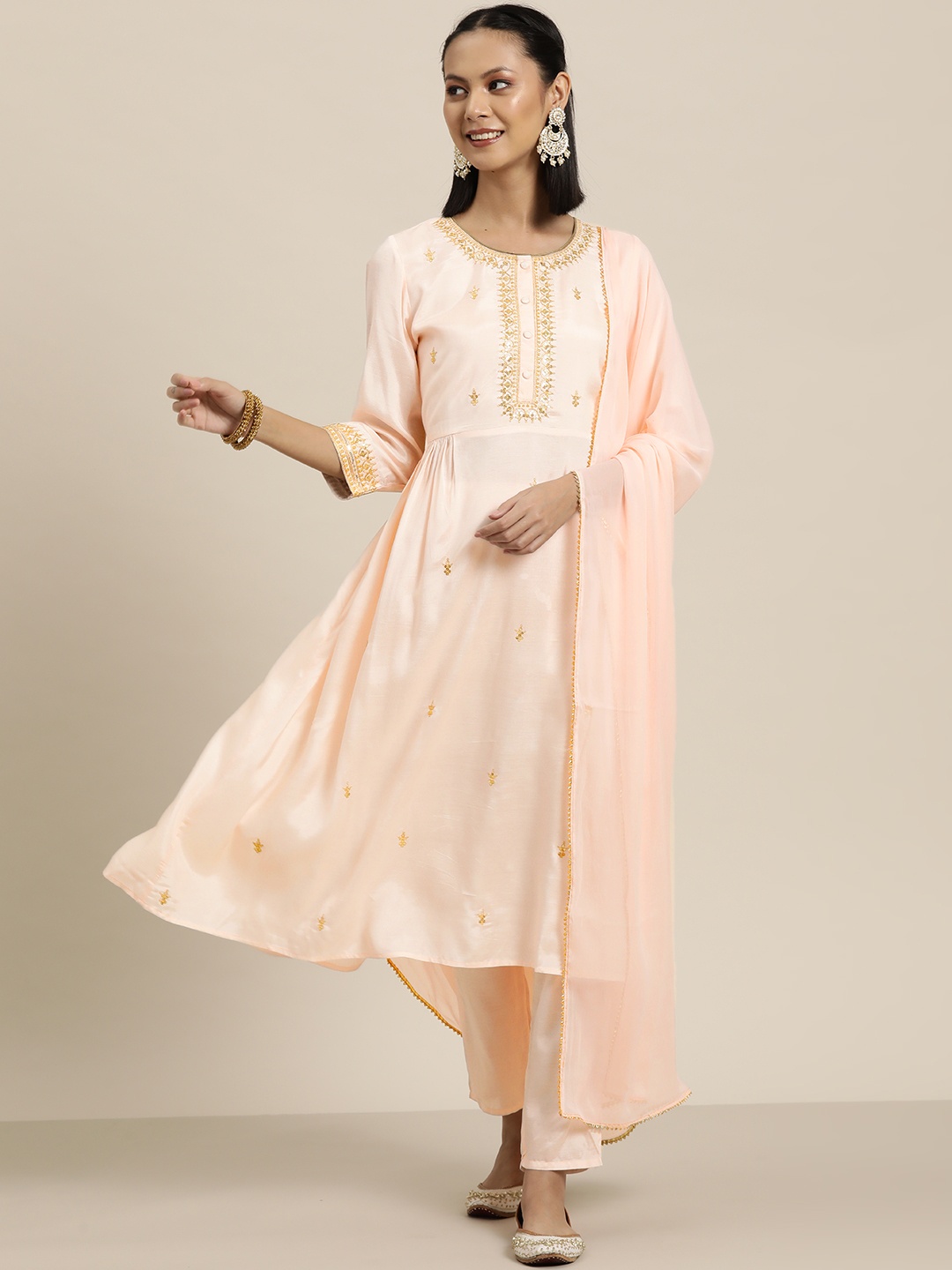 

HERE&NOW Pleated Sequinned Kurta with Trousers & Dupatta, Pink