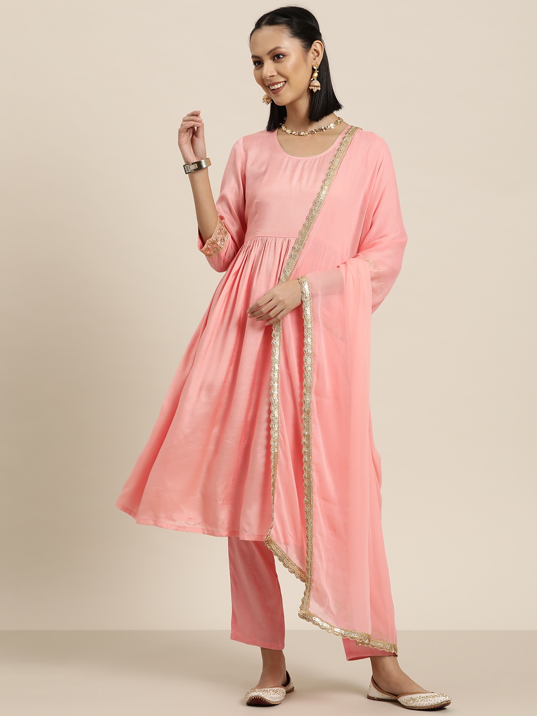 

HERE&NOW Pleated Sequinned Kurta with Trousers & Dupatta, Peach