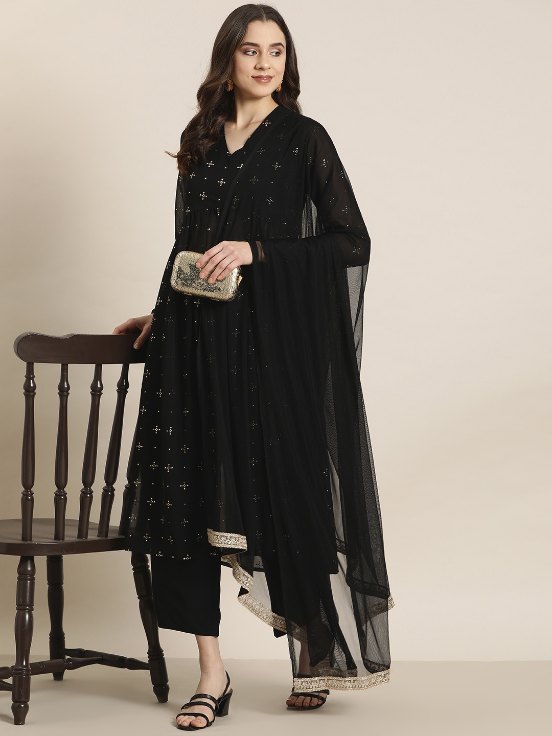 

HERE&NOW Embellished Kurta with Trousers & Dupatta, Black