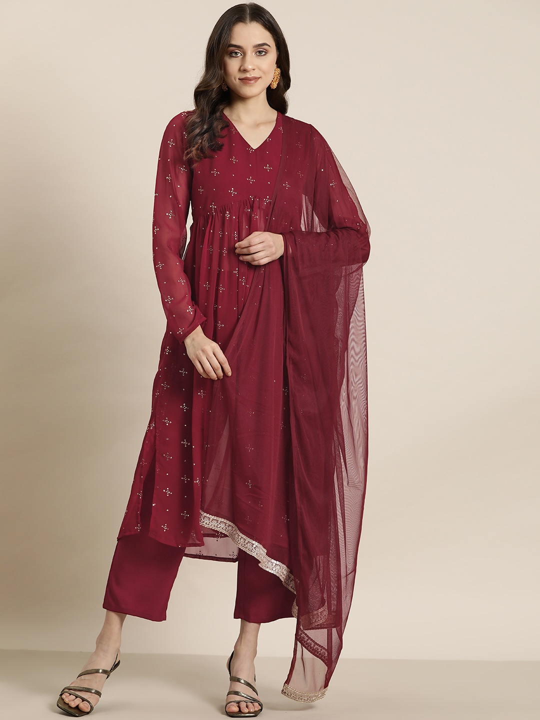 

HERE&NOW Embellished Kurta with Trousers & Dupatta, Maroon