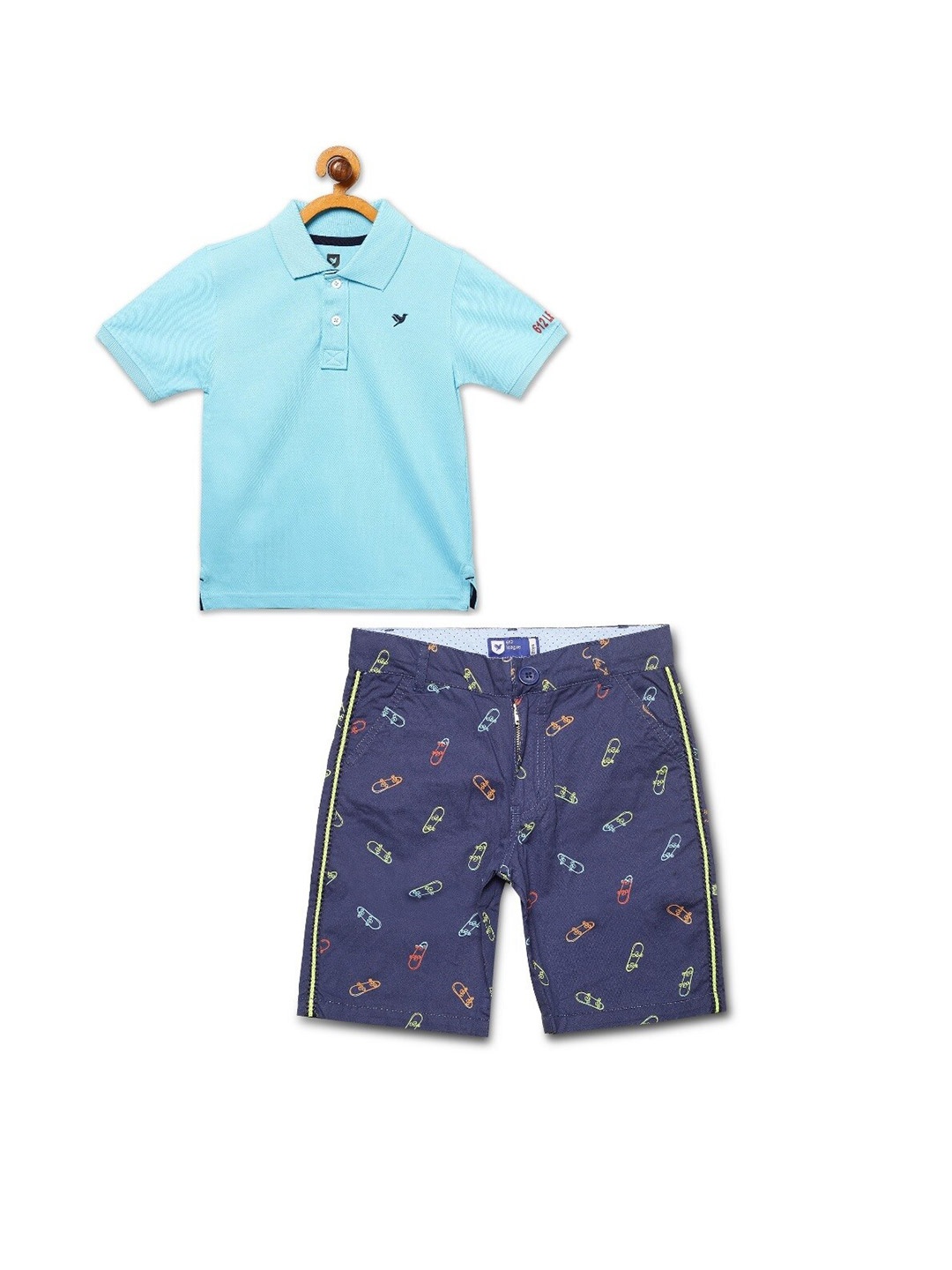 

612League Boys Polo Collar Pure Cotton T-shirt with Shorts, Blue