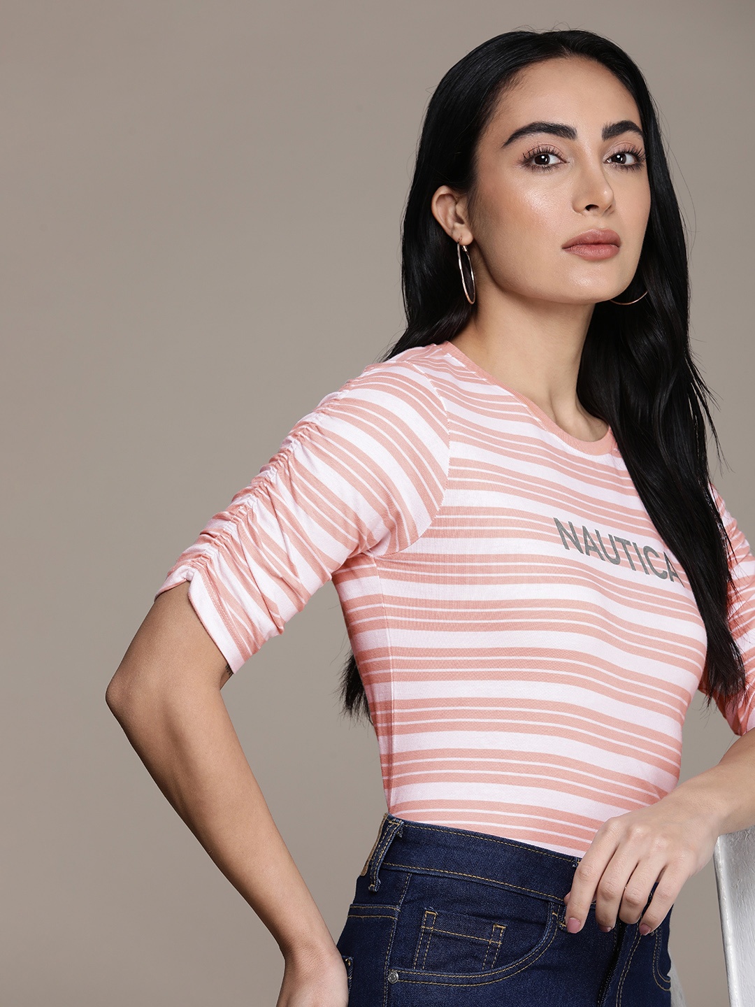 

Nautica Brand Logo Printed Striped Pure Cotton T-shirt, Pink