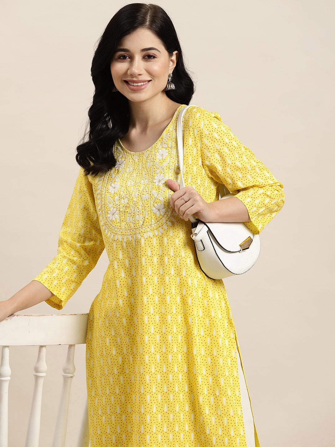 

HERE&NOW Floral Printed Thread Work Kurta, Yellow
