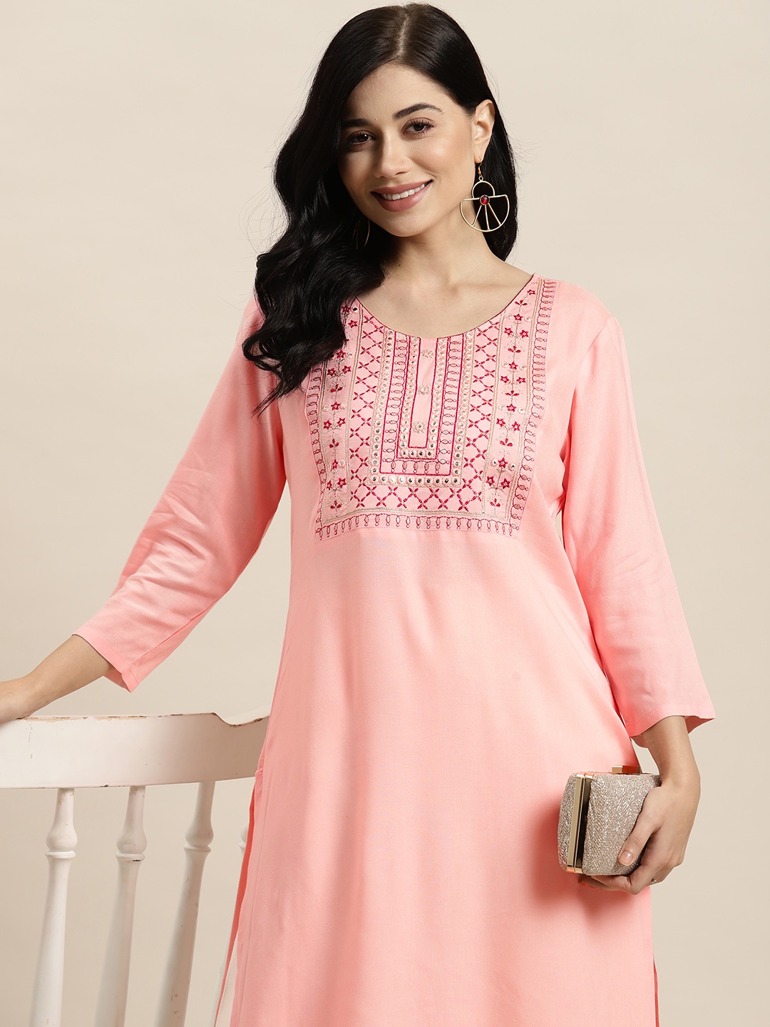 

HERE&NOW Women Ethnic Motifs Yoke Design Straight Kurta, Pink