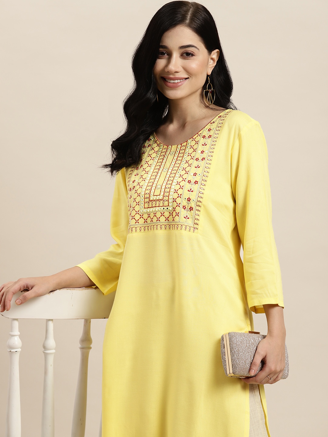 

HERE&NOW Women Ethnic Motifs Yoke Design Straight Kurta, Yellow