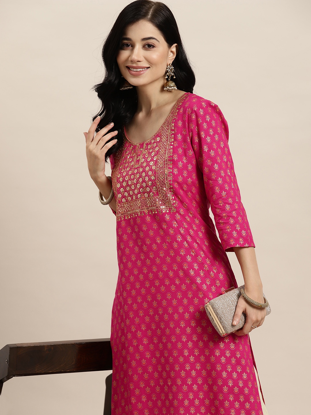 

HERE&NOW Women Ethnic Motifs Printed Thread Work Straight Kurta, Pink