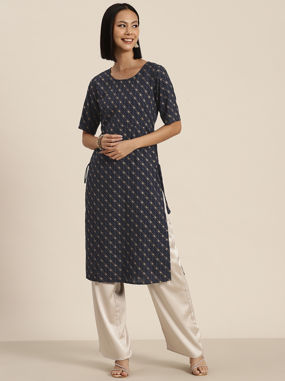 

HERE&NOW Ethnic Motifs Print Kurta, Navy blue