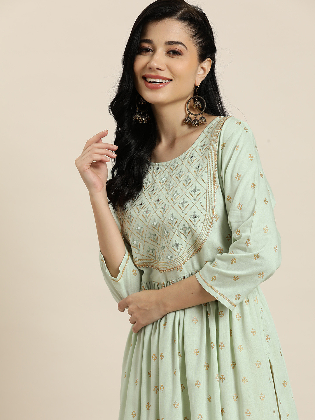

HERE&NOW Ethnic Motifs Print Mirror Embroidered Pleated Kurta, Sea green