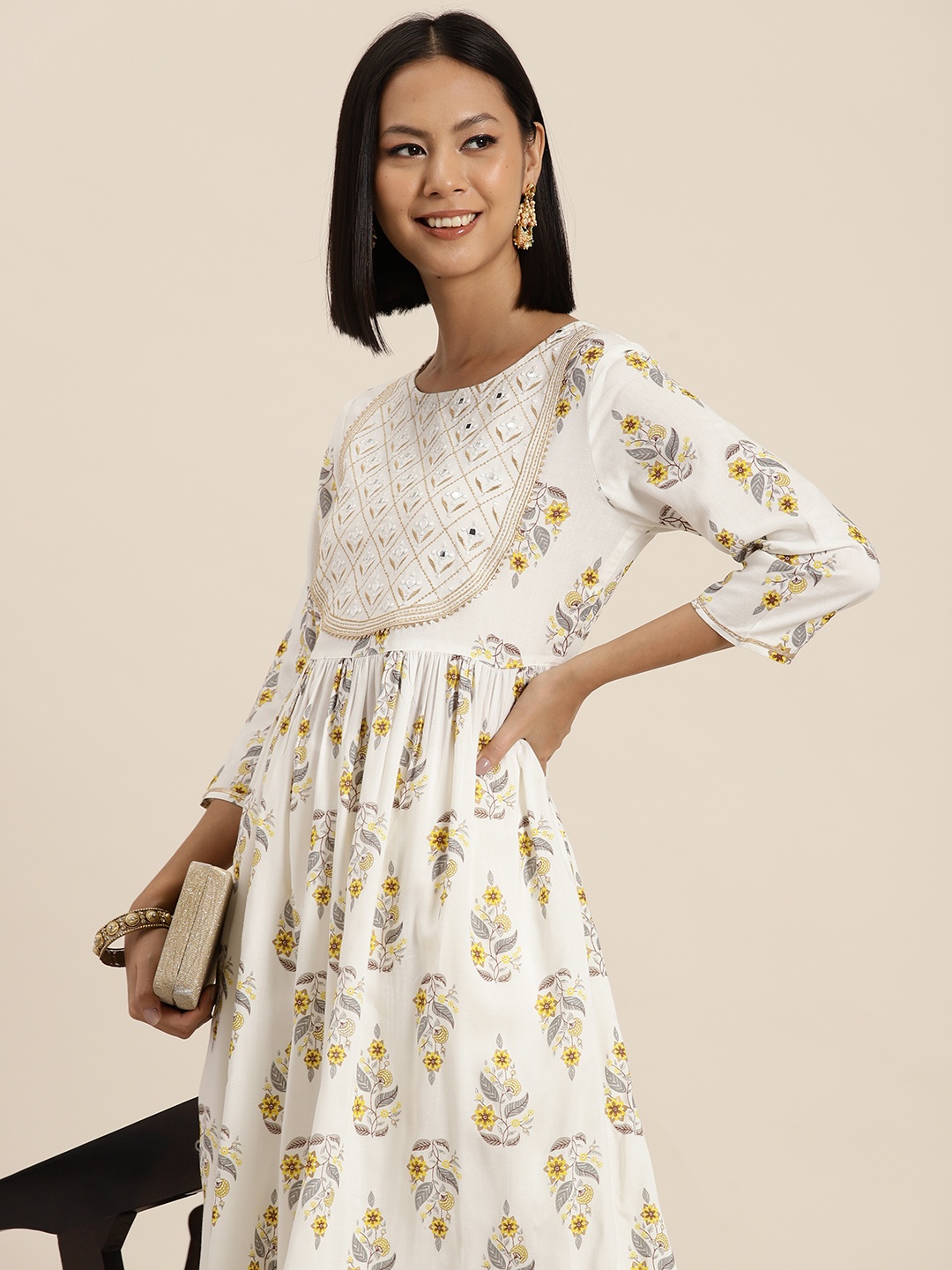 

HERE&NOW Floral Printed Mirror Work Pleated Kurta, White