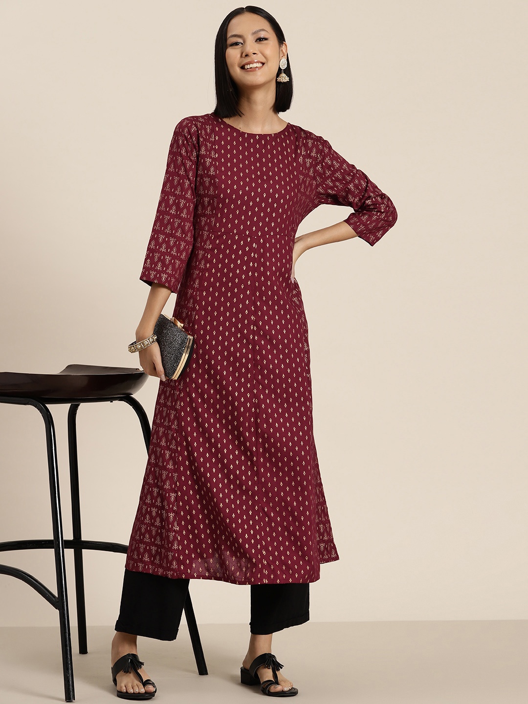 

HERE&NOW Ethnic Motifs Print Kurta, Maroon