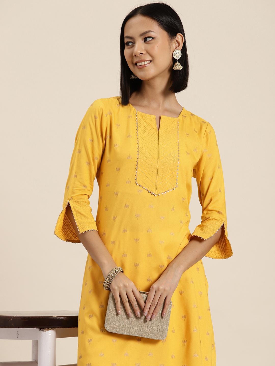 

HERE&NOW Floral Printed Gotta Patti Kurta, Mustard