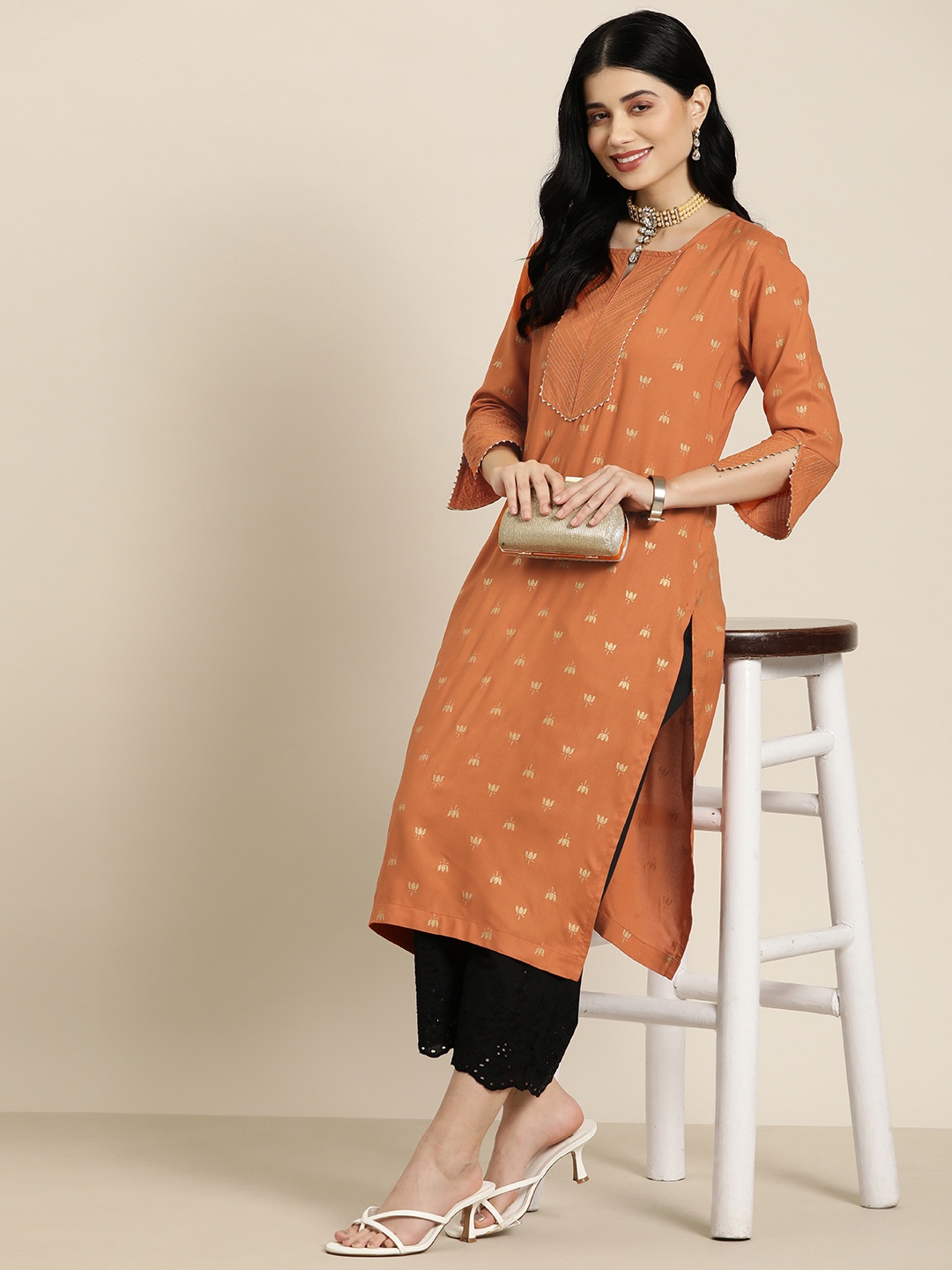 

HERE&NOW Ethnic Motifs Print Gotta Patti Kurta, Rust