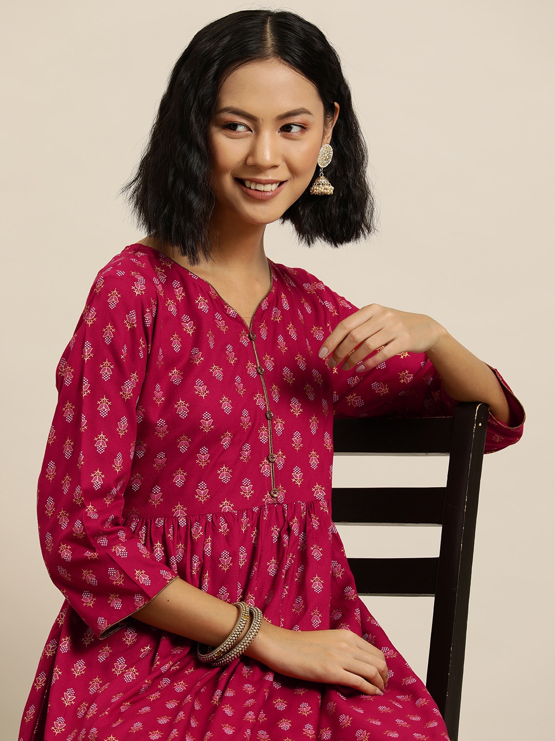 

HERE&NOW Ethnic Motifs Print A-Line Kurta, Maroon