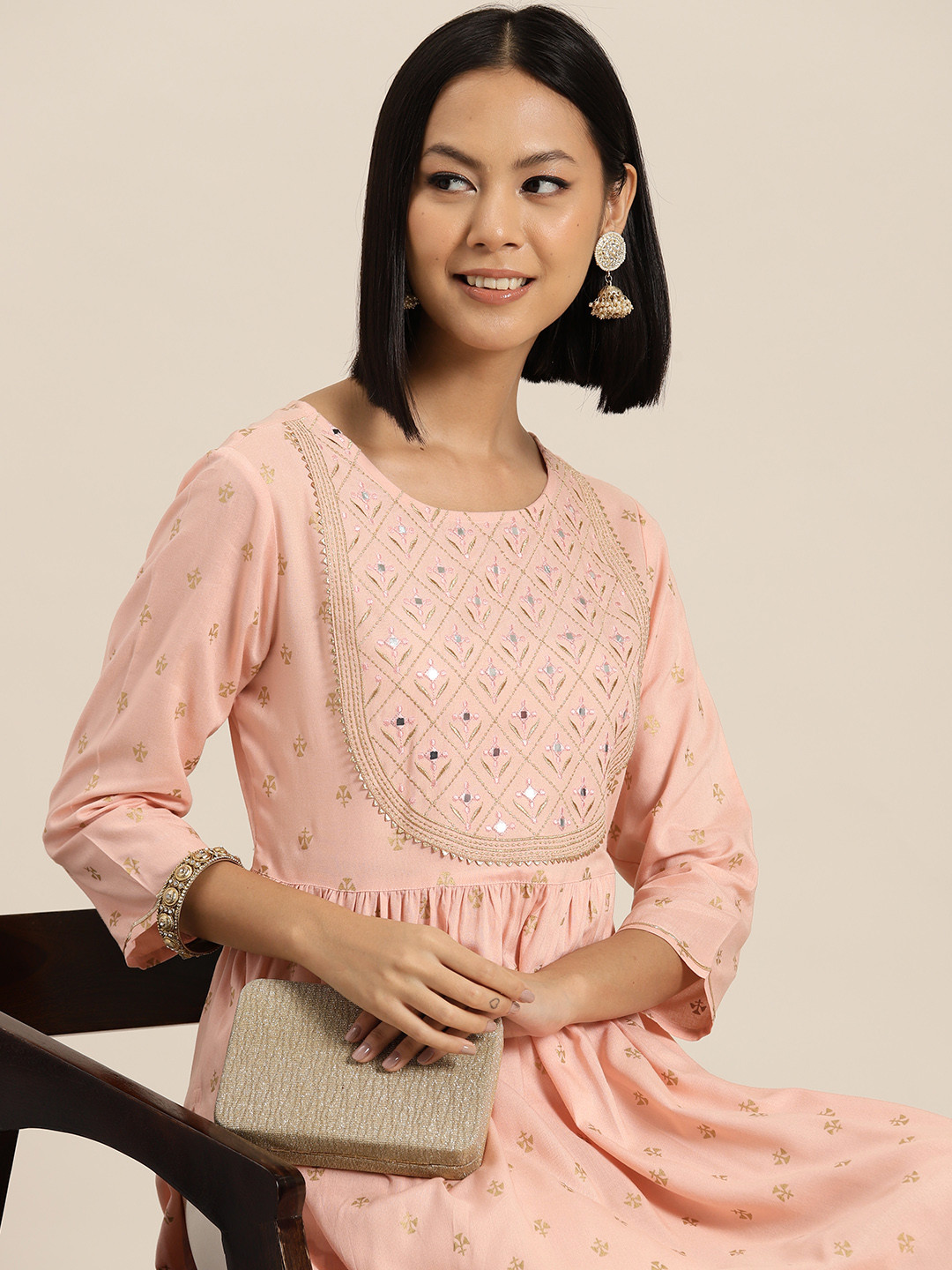 

HERE&NOW Ethnic Motifs Printed Mirror Work Kurta, Pink