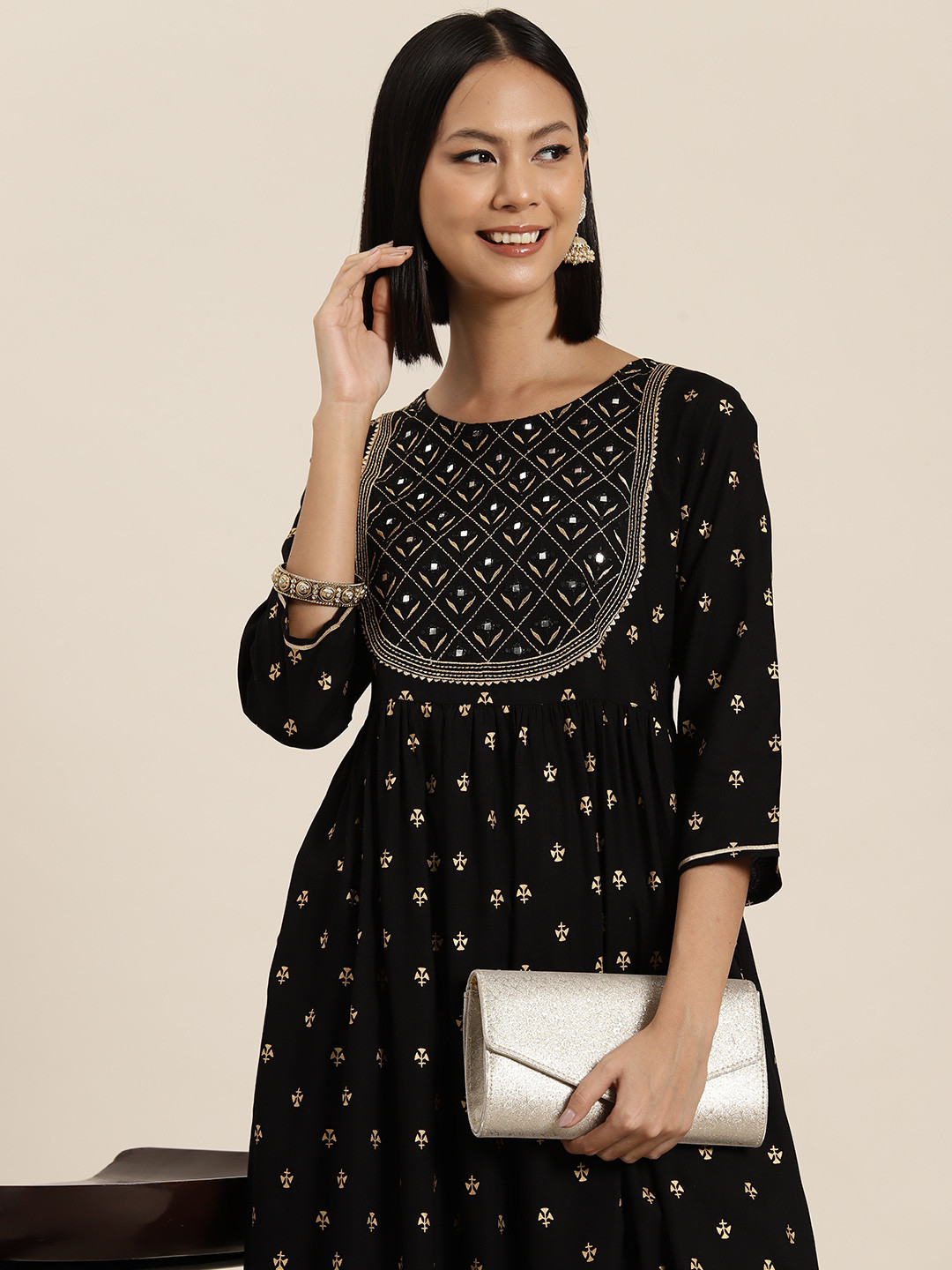 

HERE&NOW Ethnic Motifs Printed Mirror Work Kurta, Black