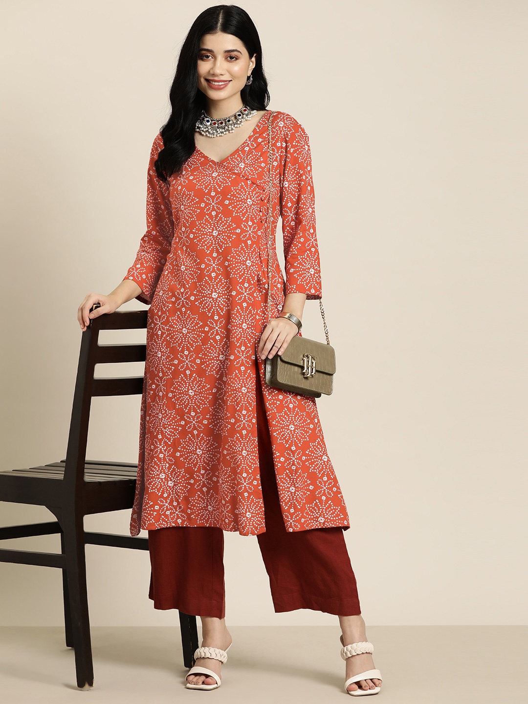

HERE&NOW Bandhani Print Angrakha Kurta, Orange