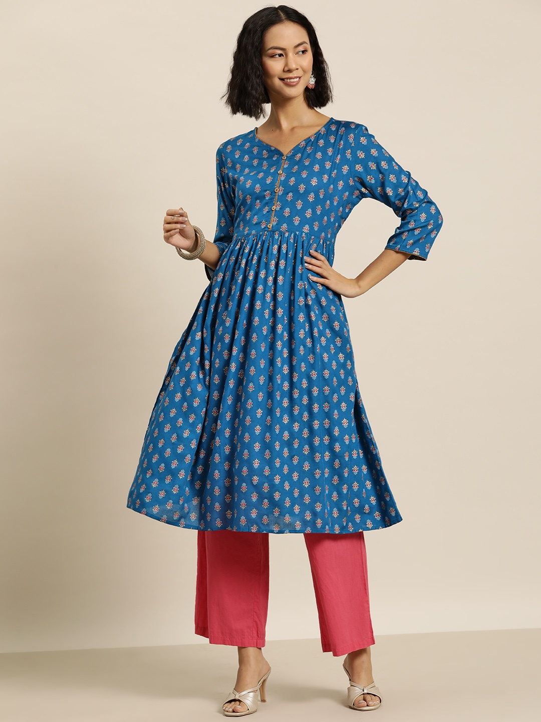 

HERE&NOW V-Neck Ethnic Motifs Print A-Line Kurta, Blue