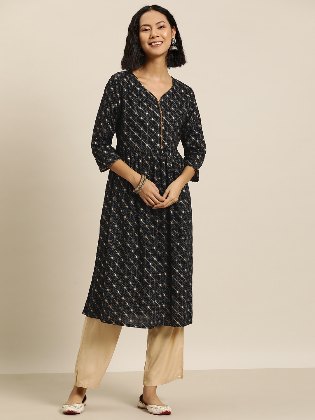 

HERE&NOW Ethnic Motifs Printed A-line Pleated Detail Kurta, Black