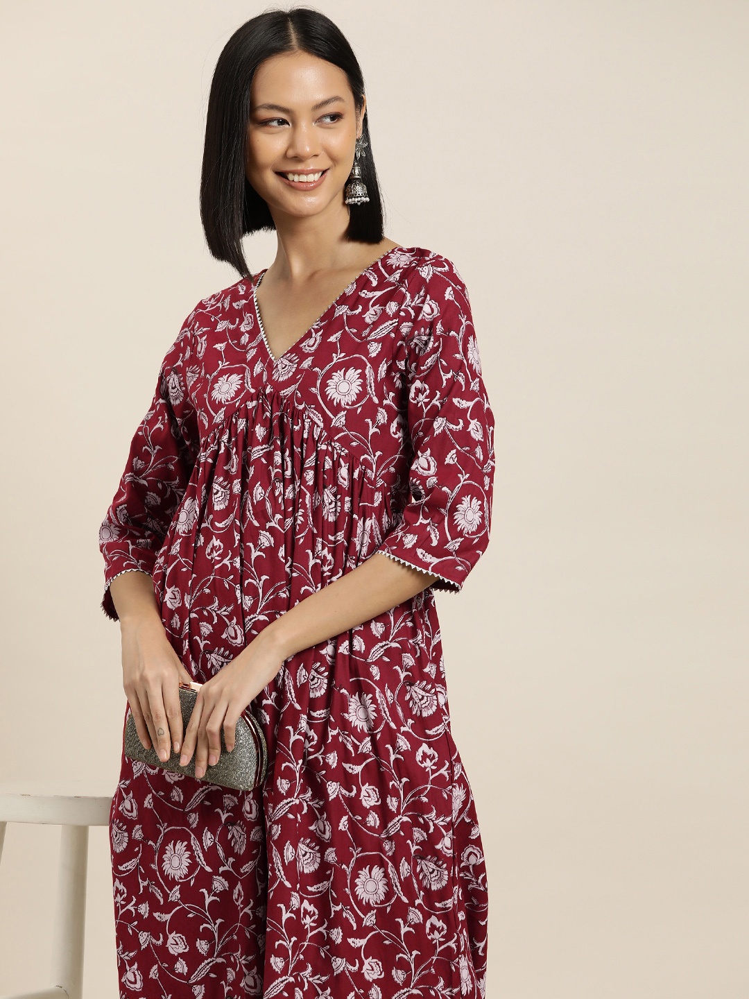 

HERE&NOW Floral Printed Empire Kurta, Maroon