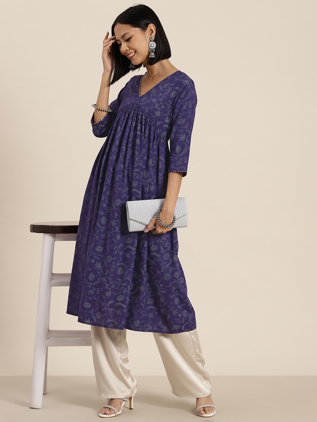 

HERE&NOW Floral Printed Empire Kurta, Purple