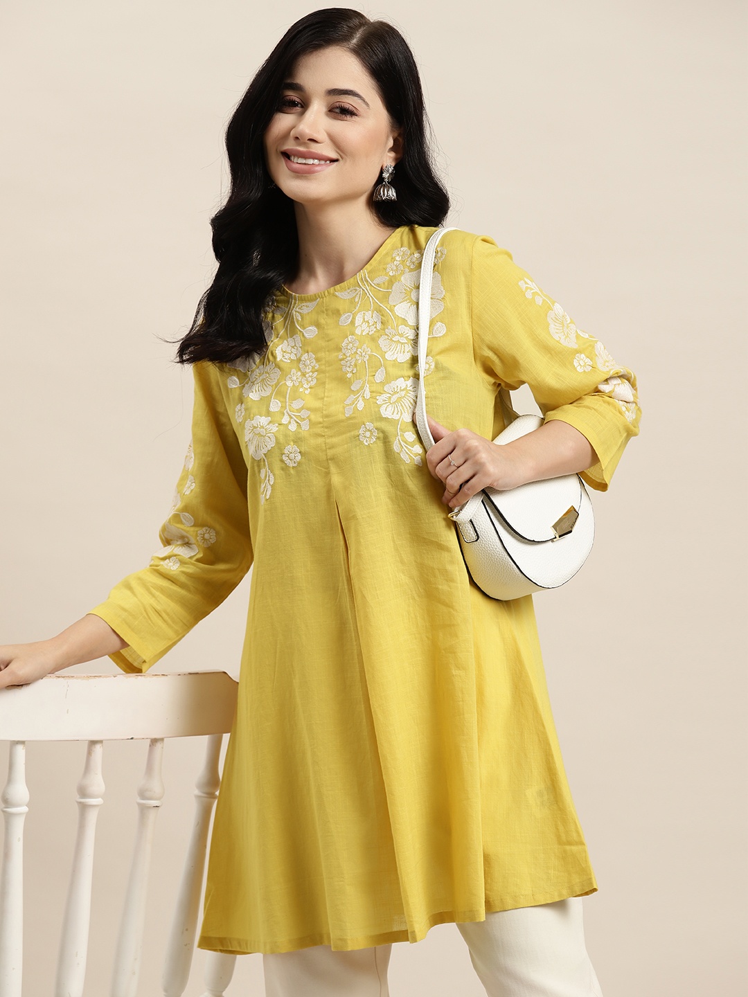 

HERE&NOW Floral Embroidered Pure Cotton Pleated A-Line Kurti, Yellow