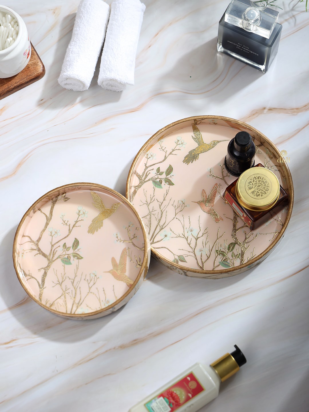 

DULI Beige & Gold Toned 2 Pieces Round Enamel Coated Multipurpose Serving Trays