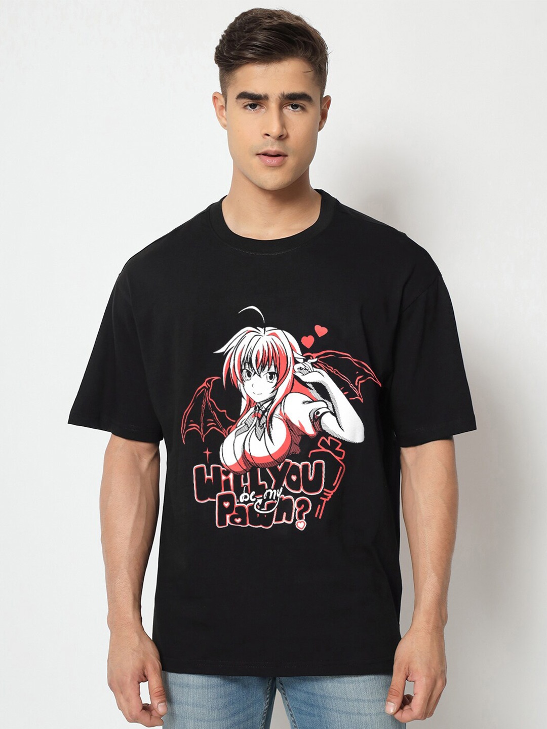 

COMICSENSE Anime Printed Rias Gremory Cotton Oversized T-shirt, Black