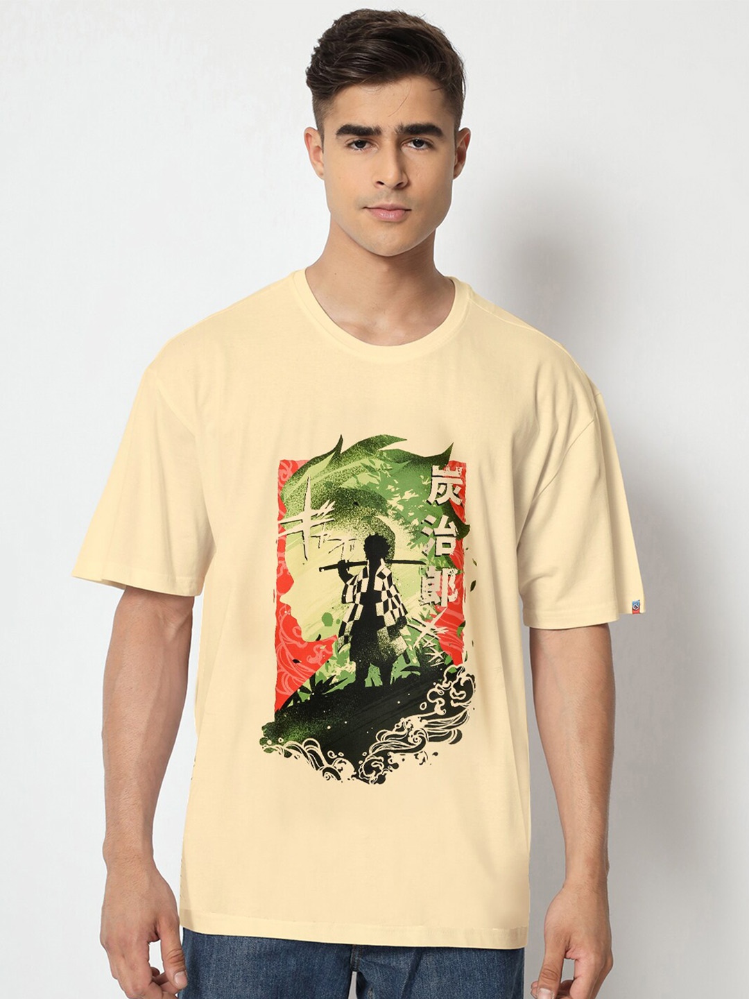 

COMICSENSE Anime Printed Demon Slayer Tanjiro Cotton Oversized T-shirt, Cream