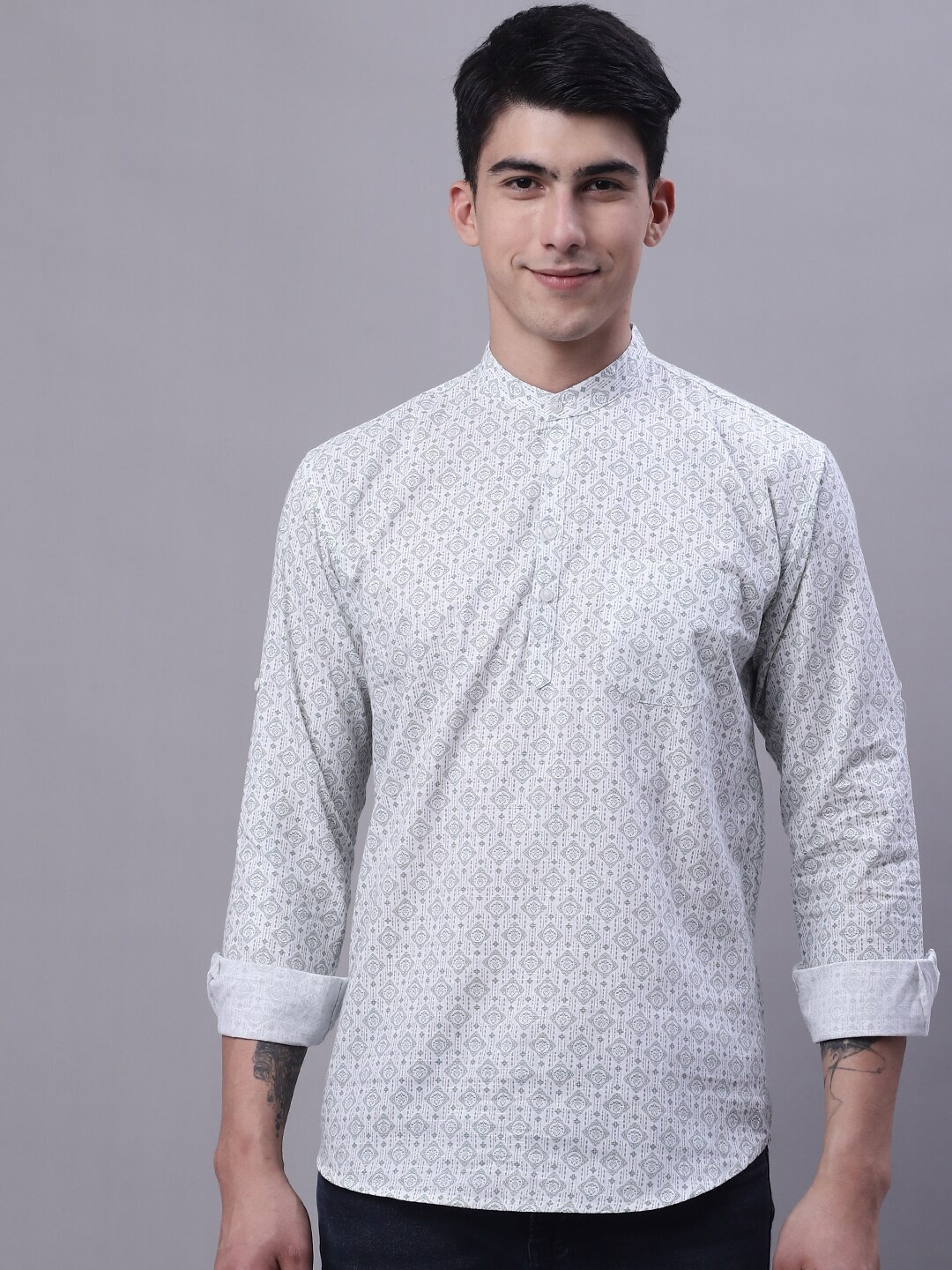 

Majestic Man Ethnic Motif Printed Pure Cotton Short Kurta, White