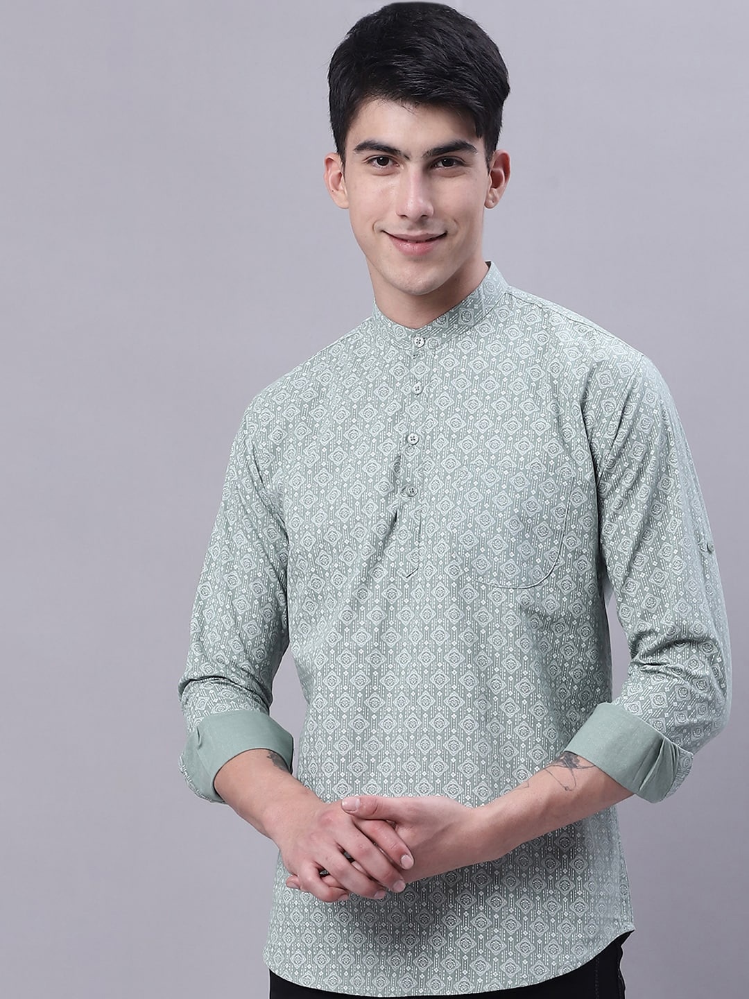 

Majestic Man Geometric Printed Pure Cotton Short Kurta, Sea green