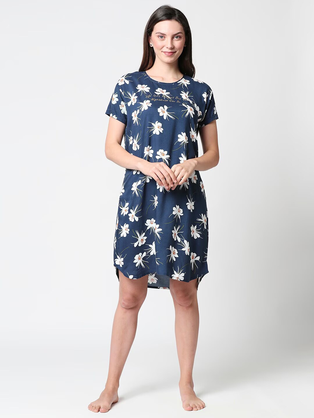 

Zeyo Floral Printed T-shirt Nightdress, Navy blue