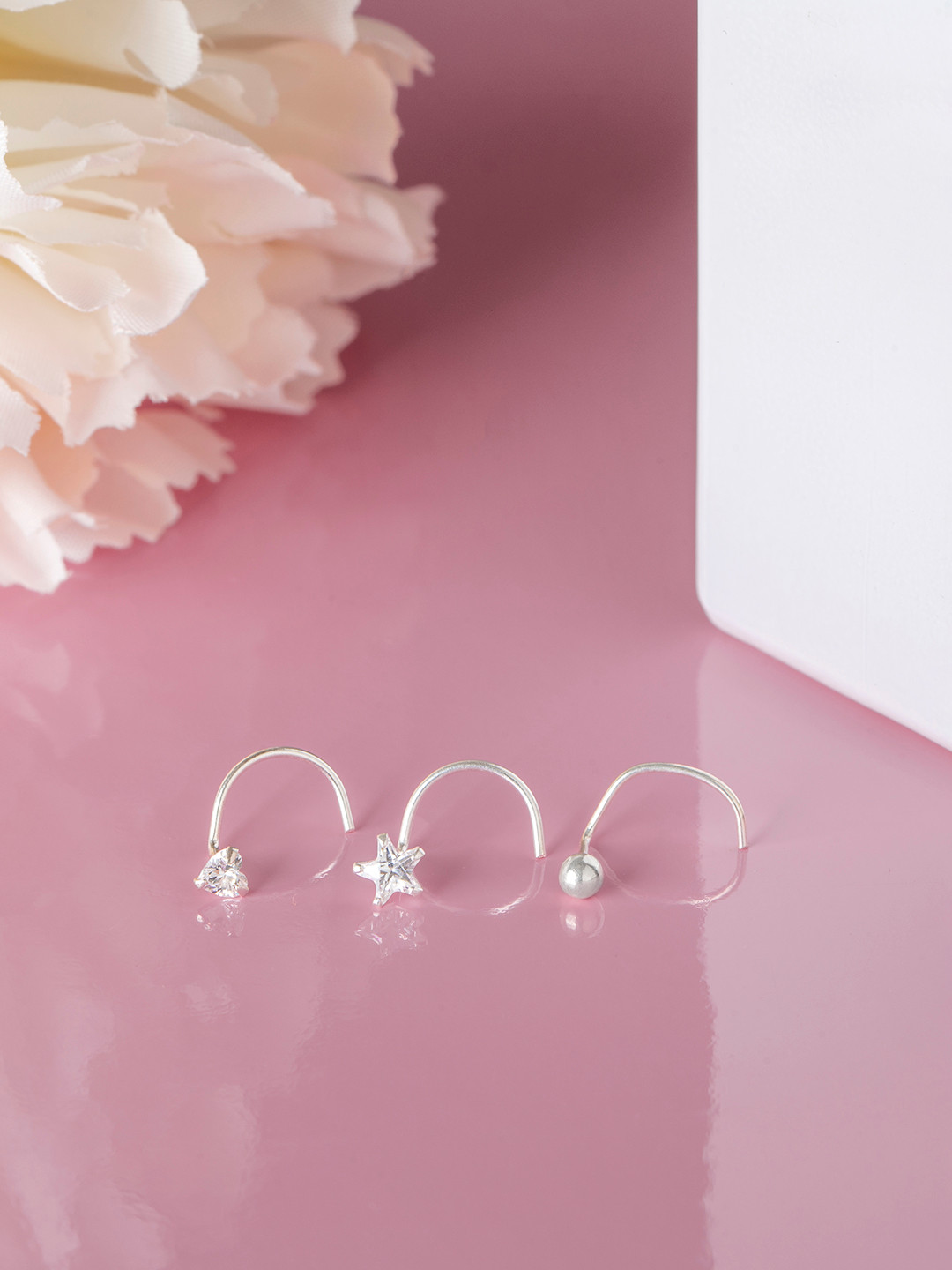 

Zavya Set Of 3 Sterling Silver Silver-Plated CZ-Studded Stud Nosepins