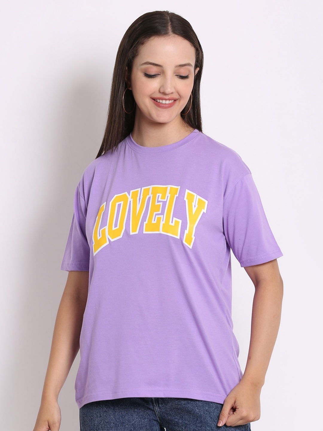 

HERE&NOW Lavender Typography Printed Cotton Boxy T-shirt