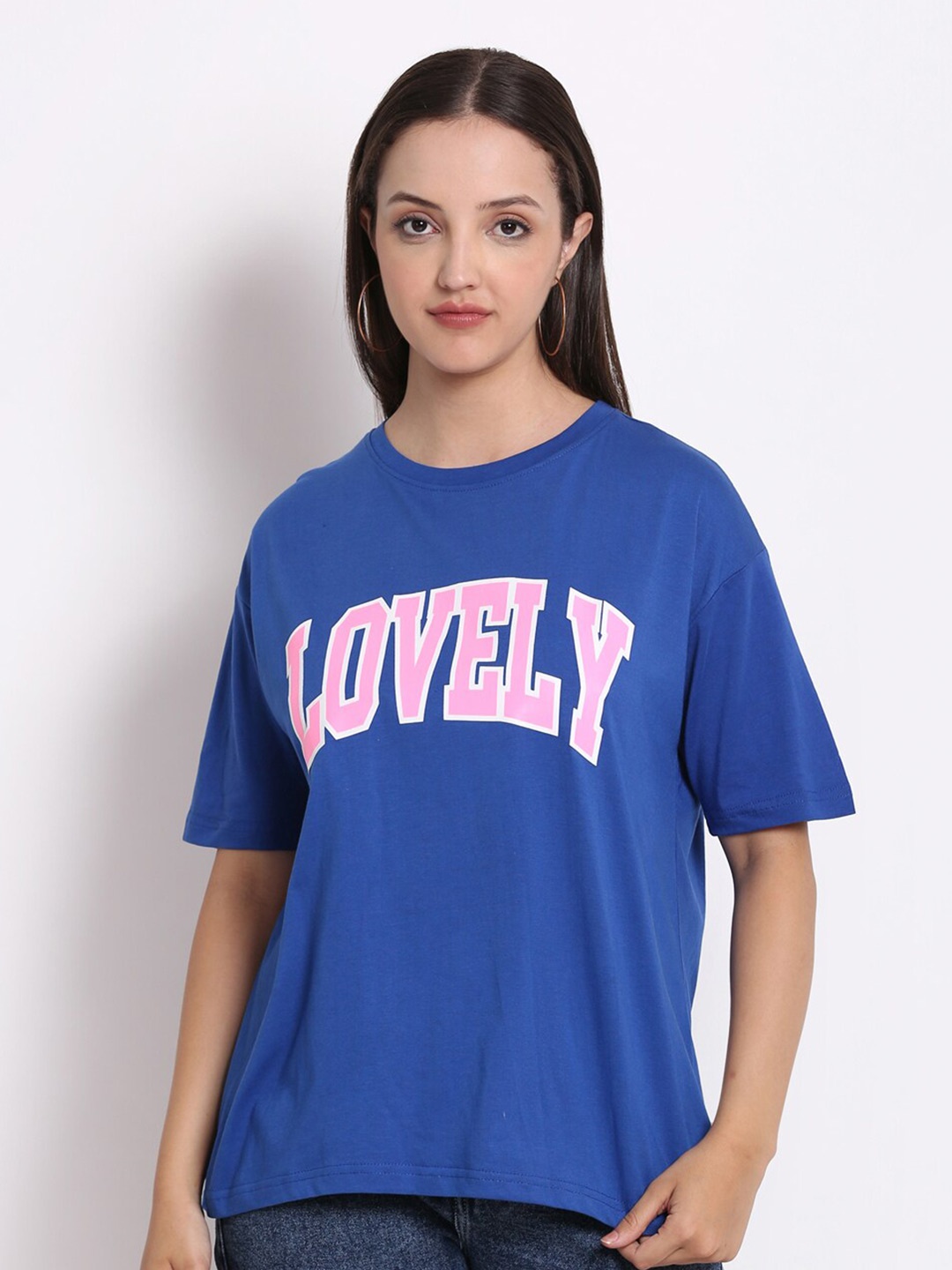 

HERE&NOW Blue Typography Printed Cotton Boxy T-shirt