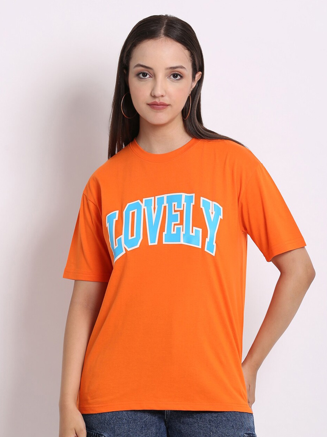 HERE&NOW Orange Typography Printed Cotton Boxy T-shirt