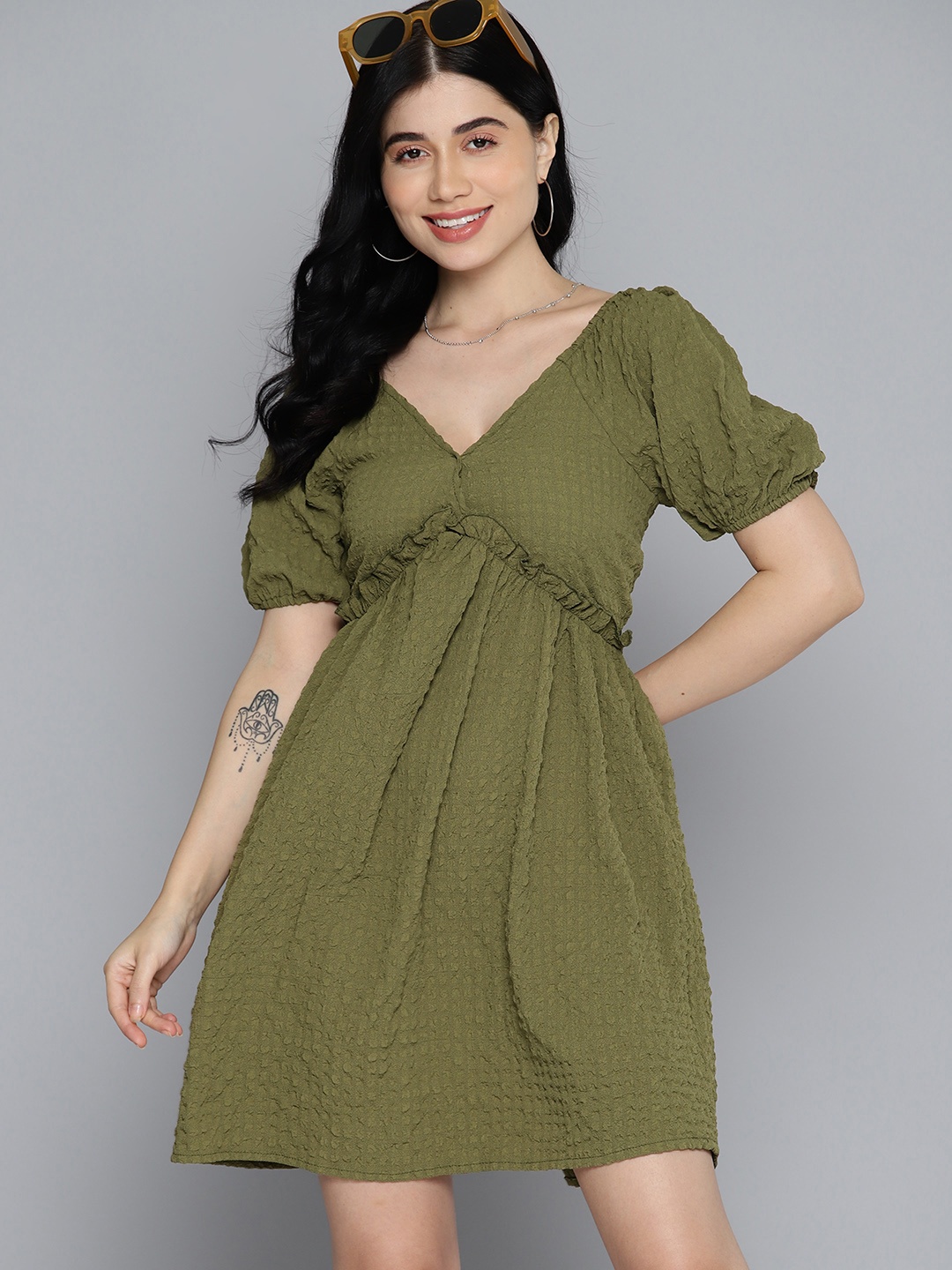 

Mast & Harbour Puff Sleeves Crepe Empire Dress, Olive