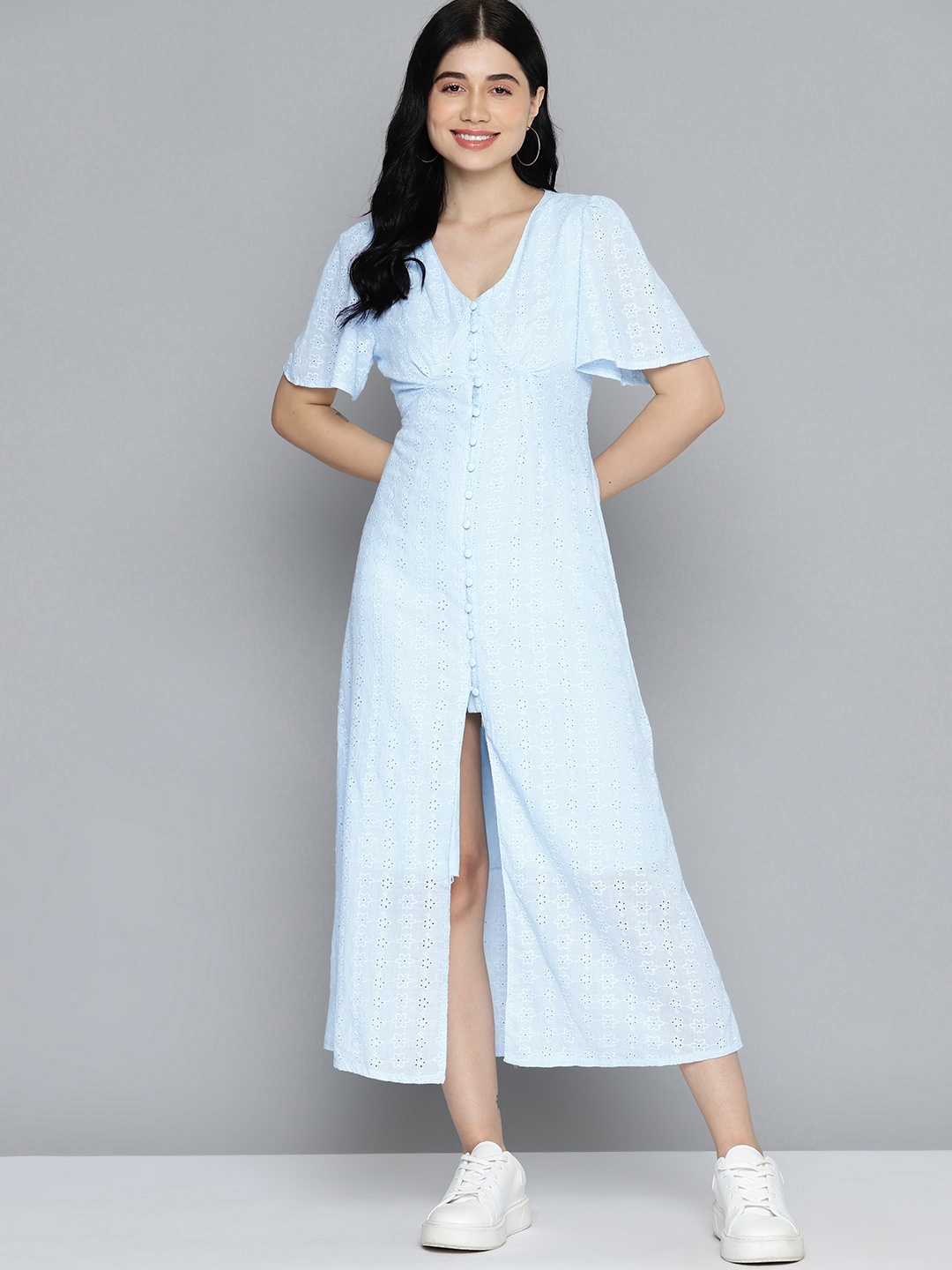 

Mast & Harbour Floral Embroidered Schiffli A-Line Pure Cotton Midi Dress, Blue
