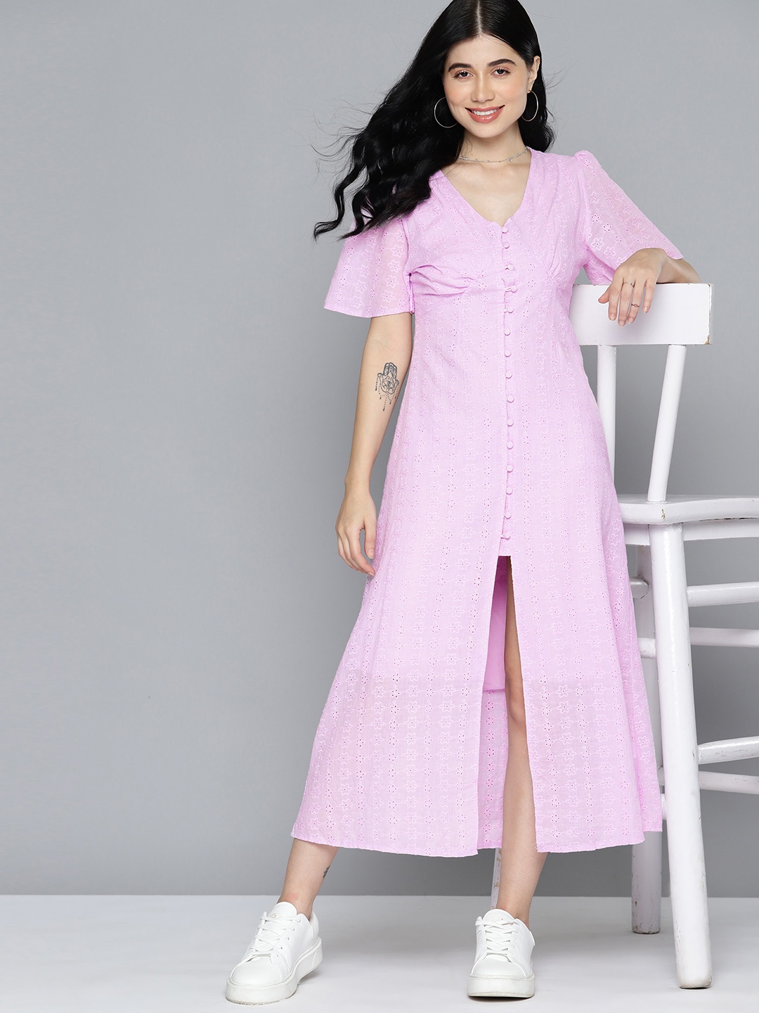 

Mast & Harbour Lavender Flared Sleeve Cotton A-Line Midi Dress